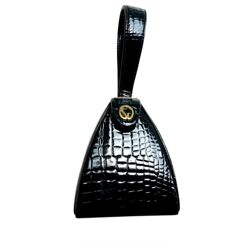 Sophisticated Black St John Patent Leather Embossed Croc Prnt Pyramid handbag